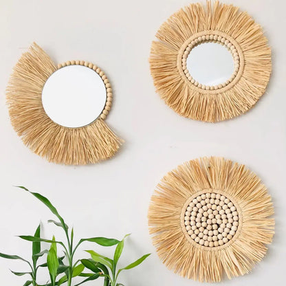 Moroccan Wooden Bead Woven Mirror Wall Decor