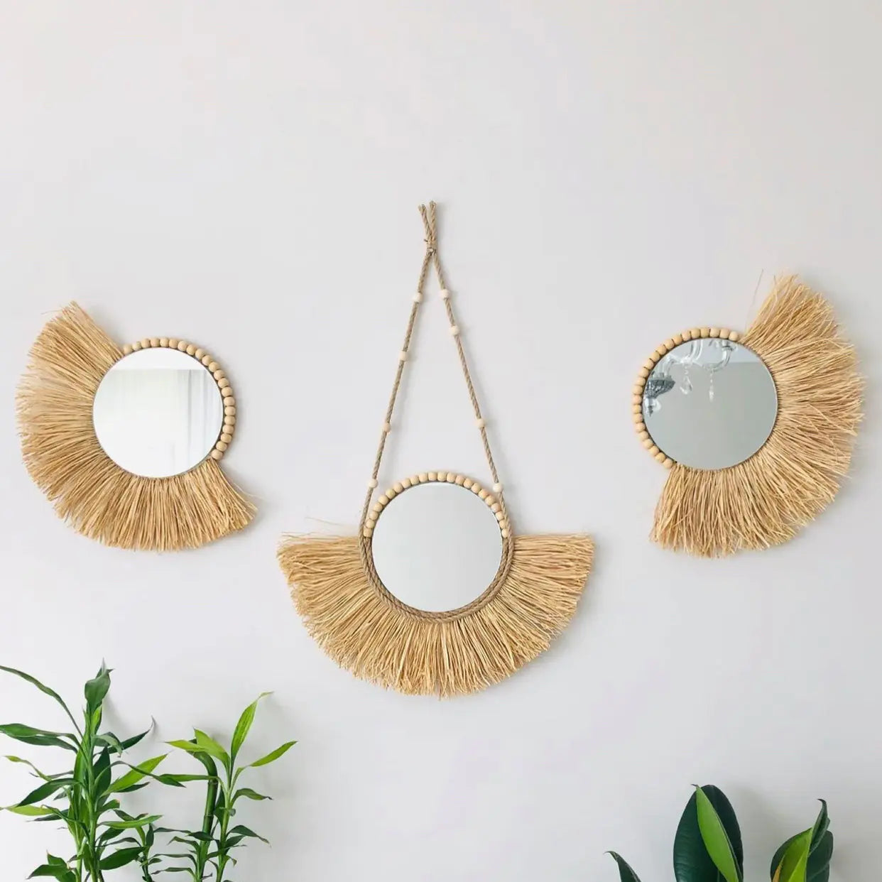 Moroccan Wooden Bead Woven Mirror Wall Decor