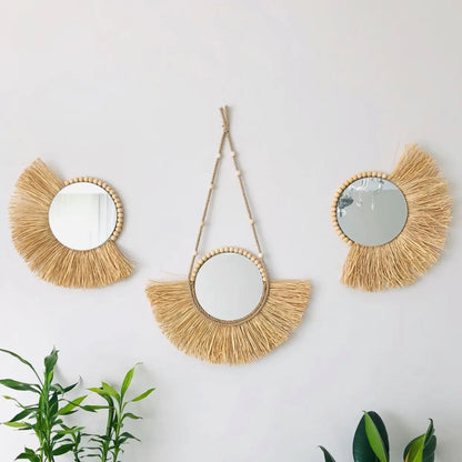 Moroccan Wooden Bead Woven Mirror Wall Decor
