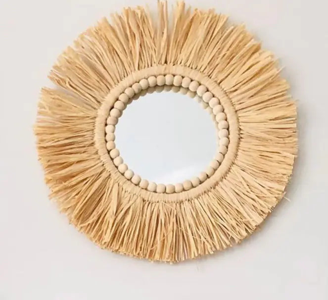 Moroccan Wooden Bead Woven Mirror Wall Decor